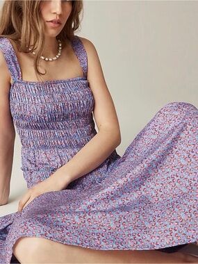 J. Crew Smocked Midi Dress in Summer Fields Print XS shirred waist floral
